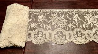 Exceptional Antique Brussels And Point De Gaze Lace On Net - 5 1/3 Yards X 11”