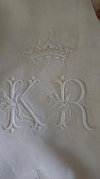 DIVINE ANTIQUE FRENCH LINEN DOWRY SHEET CROWN & MONOGRAM OF A MARQUIS c1890 10