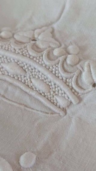 DIVINE ANTIQUE FRENCH LINEN DOWRY SHEET CROWN & MONOGRAM OF A MARQUIS c1890 12