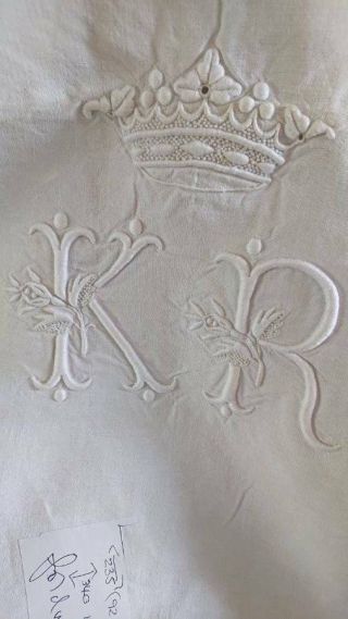 DIVINE ANTIQUE FRENCH LINEN DOWRY SHEET CROWN & MONOGRAM OF A MARQUIS c1890 2