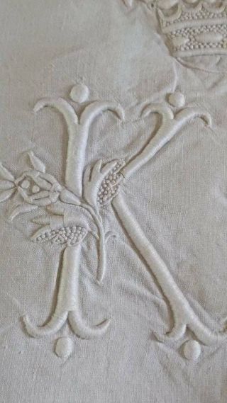 DIVINE ANTIQUE FRENCH LINEN DOWRY SHEET CROWN & MONOGRAM OF A MARQUIS c1890 4