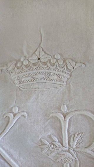 DIVINE ANTIQUE FRENCH LINEN DOWRY SHEET CROWN & MONOGRAM OF A MARQUIS c1890 6