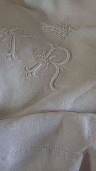 DIVINE ANTIQUE FRENCH LINEN DOWRY SHEET CROWN & MONOGRAM OF A MARQUIS c1890 8
