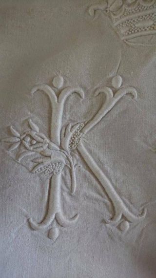 DIVINE ANTIQUE FRENCH LINEN DOWRY SHEET CROWN & MONOGRAM OF A MARQUIS c1890 9