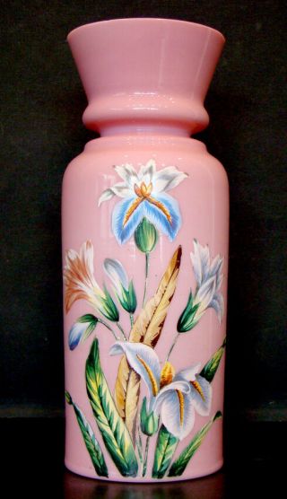 1800 ' s ANTIQUE Vintage PINK BRISTOL GLASS Victorian VASE Enameled IRIS FLOWERS 2