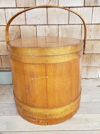 Primitive Antique Wood Firkin Sugar Bucket Lidded Pantry Storage Box Extra Large