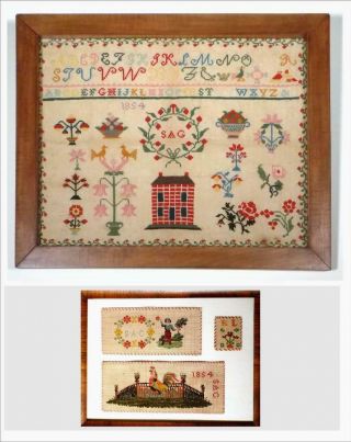 F O U R Mid - 19th Century Pennsylvania German Samplers By Same Girl,  " S.  A.  G.  1854 "