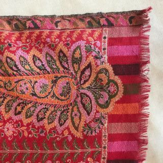 Lovely antique c1850 woven wool paisley Crinoline shawl scarf 10