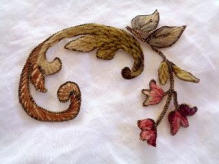 19th Century French Chenille And Metallic Embroidered Flowers & Leaves Fragment