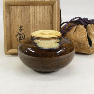 G646: Japanese Tea Caddy Of Old Seto Pottery With Shihuku And Appraisal Box.