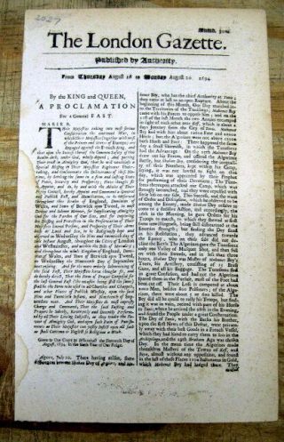 1694 London Newspaper W Proclamation Of 1st French & Indian War In North America