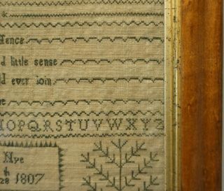 EARLY 19TH CENTURY GREEN STITCH WORK VERSE & TREE SAMPLER BY ELIZA NYE - 1807 11