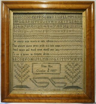 Early 19th Century Green Stitch Work Verse & Tree Sampler By Eliza Nye - 1807