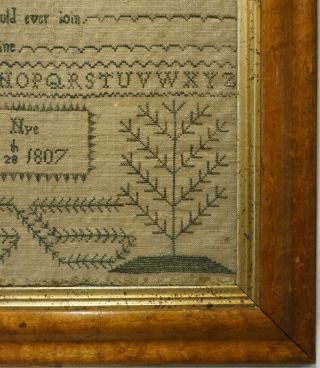 EARLY 19TH CENTURY GREEN STITCH WORK VERSE & TREE SAMPLER BY ELIZA NYE - 1807 7