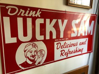 Vintage 1950s Lucky Sam Soda Rare Metal Sign 30”x14”