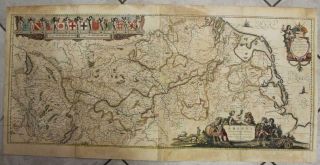 Rhine River Netherlands Switzerland Germany 1645 Blaeu Unusual Large Antique Map