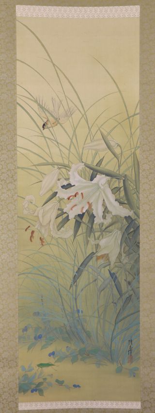 Japanese Hanging Scroll Art Painting " Bird And Flower " Asian Antique E7421