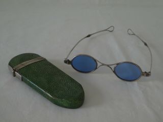 Antique Georgian Silver Blue Tinted Spectacles & Shagreen Case John Bleuler