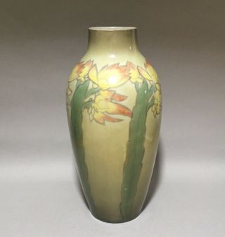 Hand Painted Arts & Crafts Tall 10 " Porcelain Vase - Cactus Motif J Pearl Black