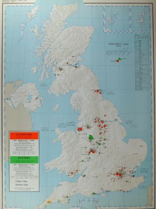 Vintage Large Map Of Britain Glassware Employment Pottery China Potters Clay