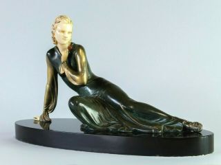 1920 Chryselephantine Art Deco Sculpture Lady By Menneville.  Signed