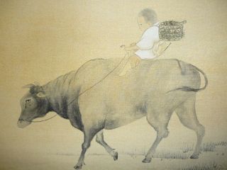 Japanese Painting Hanging Scroll Japan Cow Cattle Antique Vintage Picture 914h