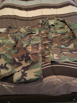 Us Navy (seabees) Woodland Camouflage Jacket (lg - Reg) & Trousers (med - Reg)