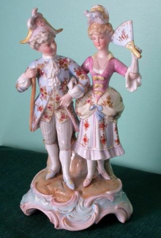 Sitzendorf Antique Courting Pair Porcelain Hand Painted Figurine Signed,  1880s