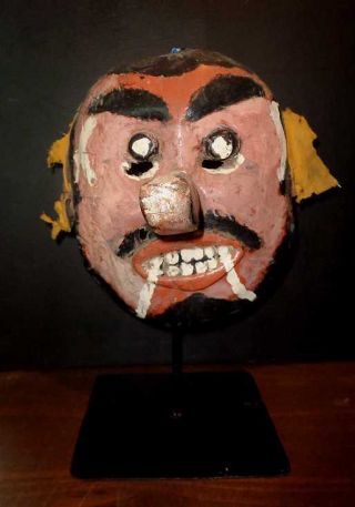 Rare Vintage Hand Painted East Timor Indonesian Islands Wooden Mask On Stand