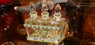 Antique Gorgeous Fitted Clolsonne Three Perfume Bottles In Stand Marked France