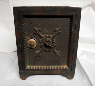 19th C.  Antique Cast Iron Miniature Desk Safe With Interior Maple Drawers