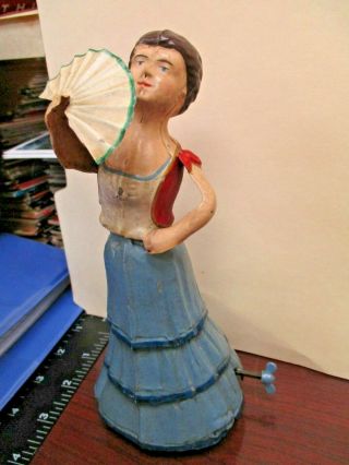 1890s German Tin Hand Painted Wind Up Toy Fan Dancer Girl Rare