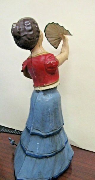 1890s German Tin Hand Painted Wind Up Toy Fan Dancer Girl RARE 3