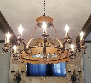 Antique Wrought Iron Chandelier Large 12 Light Gothic Medieval Spanish 41 " Wide