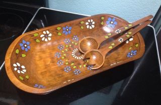 Wooden Dough Salad Bowl Trencher Farmhouse Hand Painted & Turned Wood Floral 2