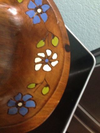 Wooden Dough Salad Bowl Trencher Farmhouse Hand Painted & Turned Wood Floral 5