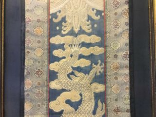 Antique Chinese Qing / Republic Framed Embroidered Textile Gold 5 Claw Dragon 4