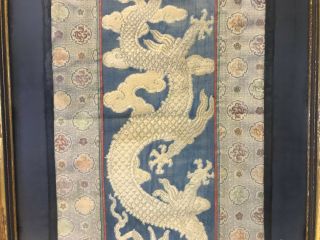 Antique Chinese Qing / Republic Framed Embroidered Textile Gold 5 Claw Dragon 5