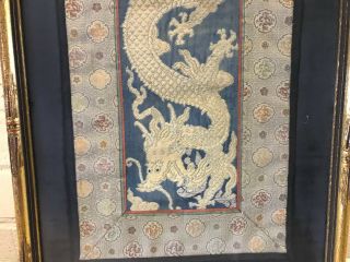 Antique Chinese Qing / Republic Framed Embroidered Textile Gold 5 Claw Dragon 6