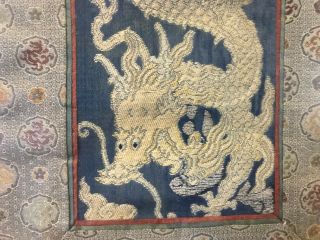 Antique Chinese Qing / Republic Framed Embroidered Textile Gold 5 Claw Dragon 7
