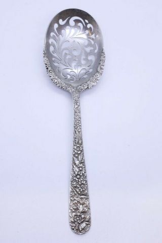 S Kirk & Son Repousse Sterling 9 - 1/2 " Pierced Salad Serving Spoon Applied Lacing