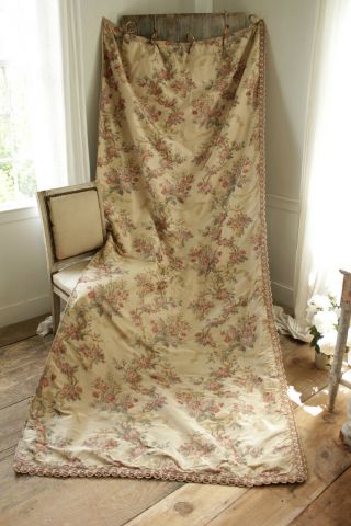 Antique Curtain chine silk warp French printed floral with trim 1900 old drape 6