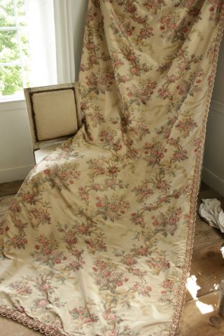 Antique Curtain chine silk warp French printed floral with trim 1900 old drape 7