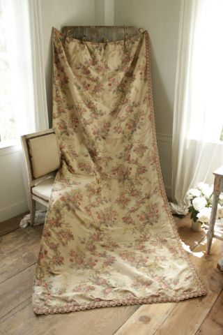 Antique Curtain chine silk warp French printed floral with trim 1900 old drape 8