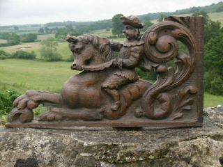Pr 19thc Black Forest Oak Carved Corbels Rider On Horse/lion Creature