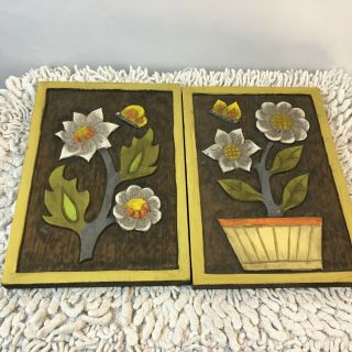 2 Vintage Wood Carved Floral Pictures Wall Decor Potted Flower Butterfly Yellow