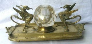 Antique Edwardian Brass Griffins Guarding Glass Inkwell & Pen Tray Desk Ornament