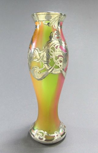 Harrach Rainbow Art Glass Vase W/la Pierre Sterling Silver Overlay Ca 1902 7 " T
