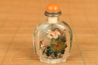 Chinese Natural Crystal Hand Painting Lotus Bird Snuff Bottle