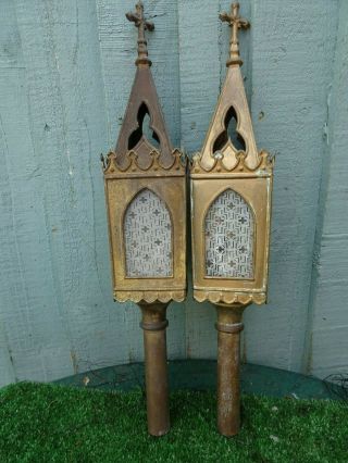 Pair: 19thc Gothic Metallic Processional Lamps With Etched Glass C1880s